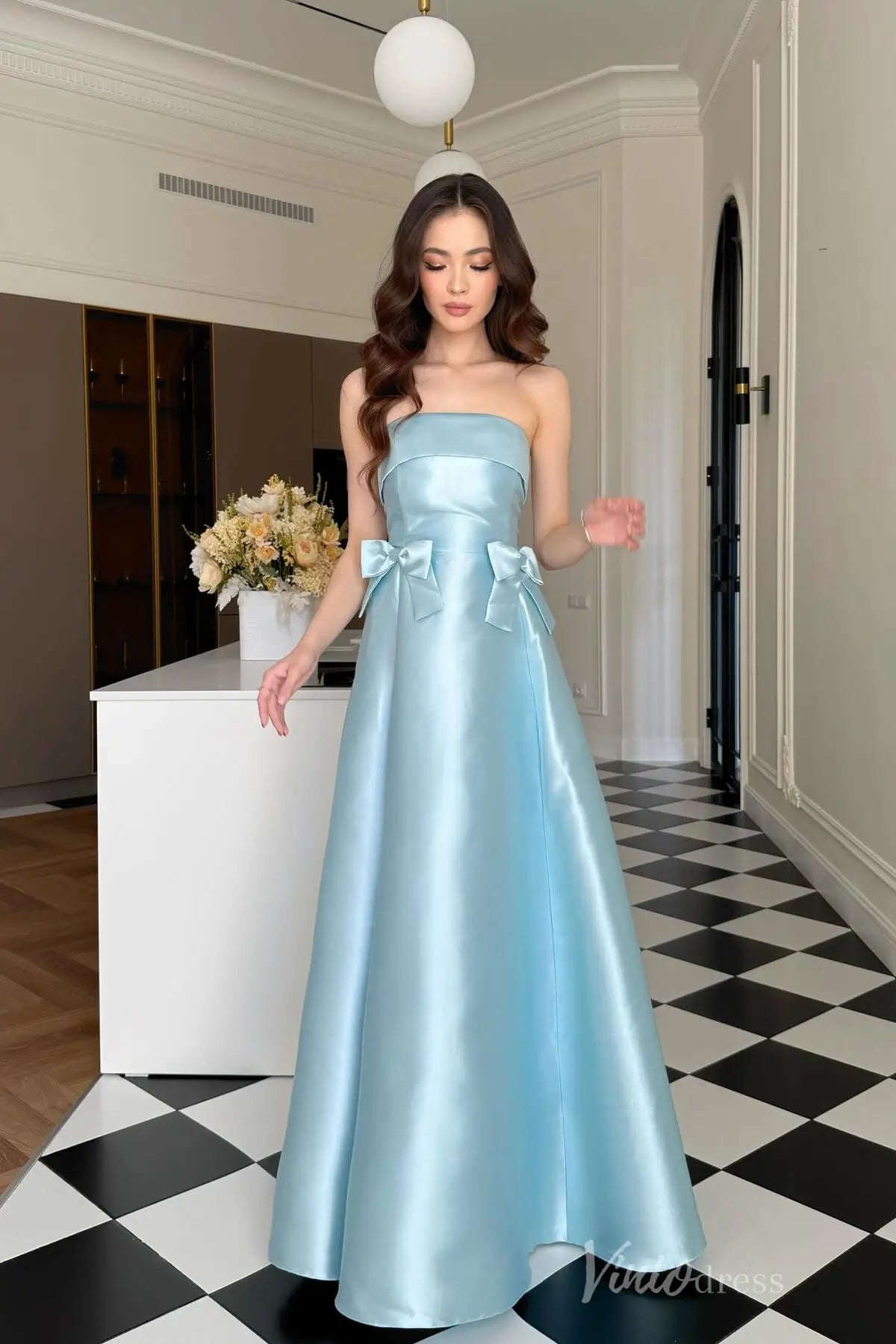 Pink Strapless Mikado Formal Dress with Folded Neckline, Bows, A-Line Silhouette – AS022-prom dresses 2025 -Viniodress-Light Blue-Custom Size-