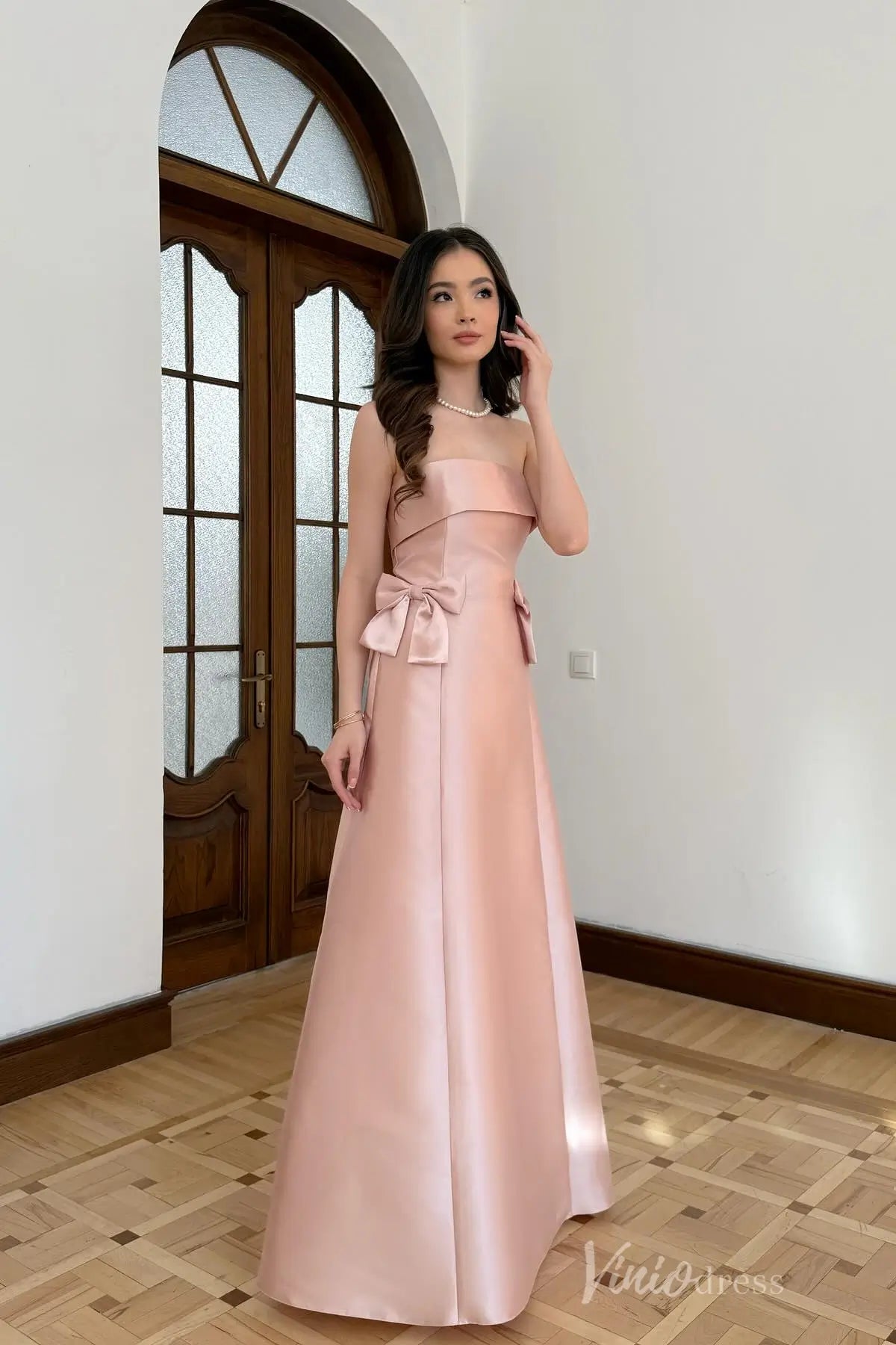 Pink Strapless Mikado Formal Dress with Folded Neckline, Bows, A-Line Silhouette – AS022-prom dresses 2025 -Viniodress-Pink-Custom Size-