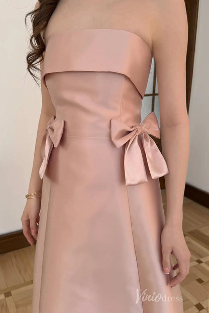 Pink Strapless Mikado Formal Dress with Folded Neckline, Bows, A-Line Silhouette – AS022-prom dresses 2025 -Viniodress-Pink-Custom Size-