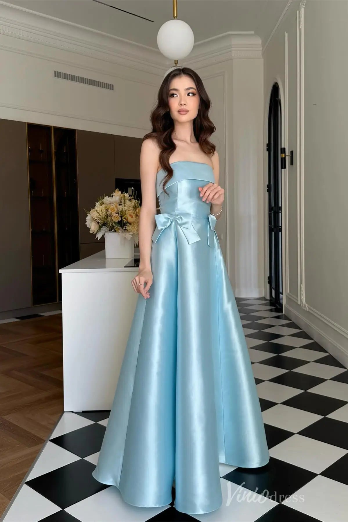 Pink Strapless Mikado Formal Dress with Folded Neckline, Bows, A-Line Silhouette – AS022-prom dresses 2025 -Viniodress-Pink-Custom Size-