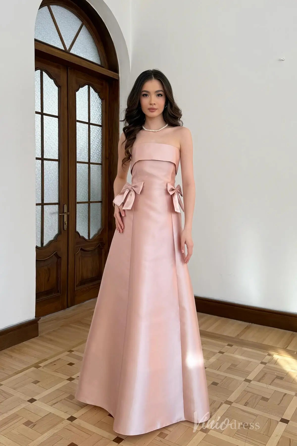 Pink Strapless Mikado Formal Dress with Folded Neckline, Bows, A-Line Silhouette – AS022-prom dresses 2025 -Viniodress-Pink-Custom Size-