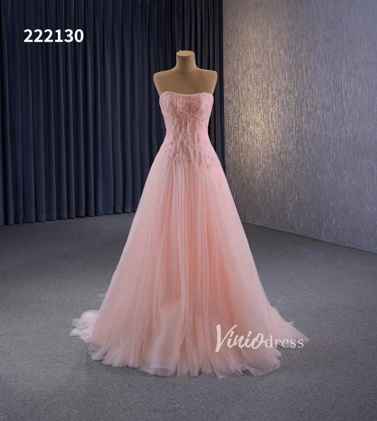 Pink Strapless Prom Dresses Beaded Tulle Formal Dress 222130-prom dresses 2025 -Viniodress-Pink-Custom Size-