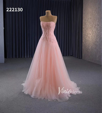 Pink Strapless Prom Dresses Beaded Tulle Formal Dress 222130-prom dresses 2025 -Viniodress-Pink-Custom Size-