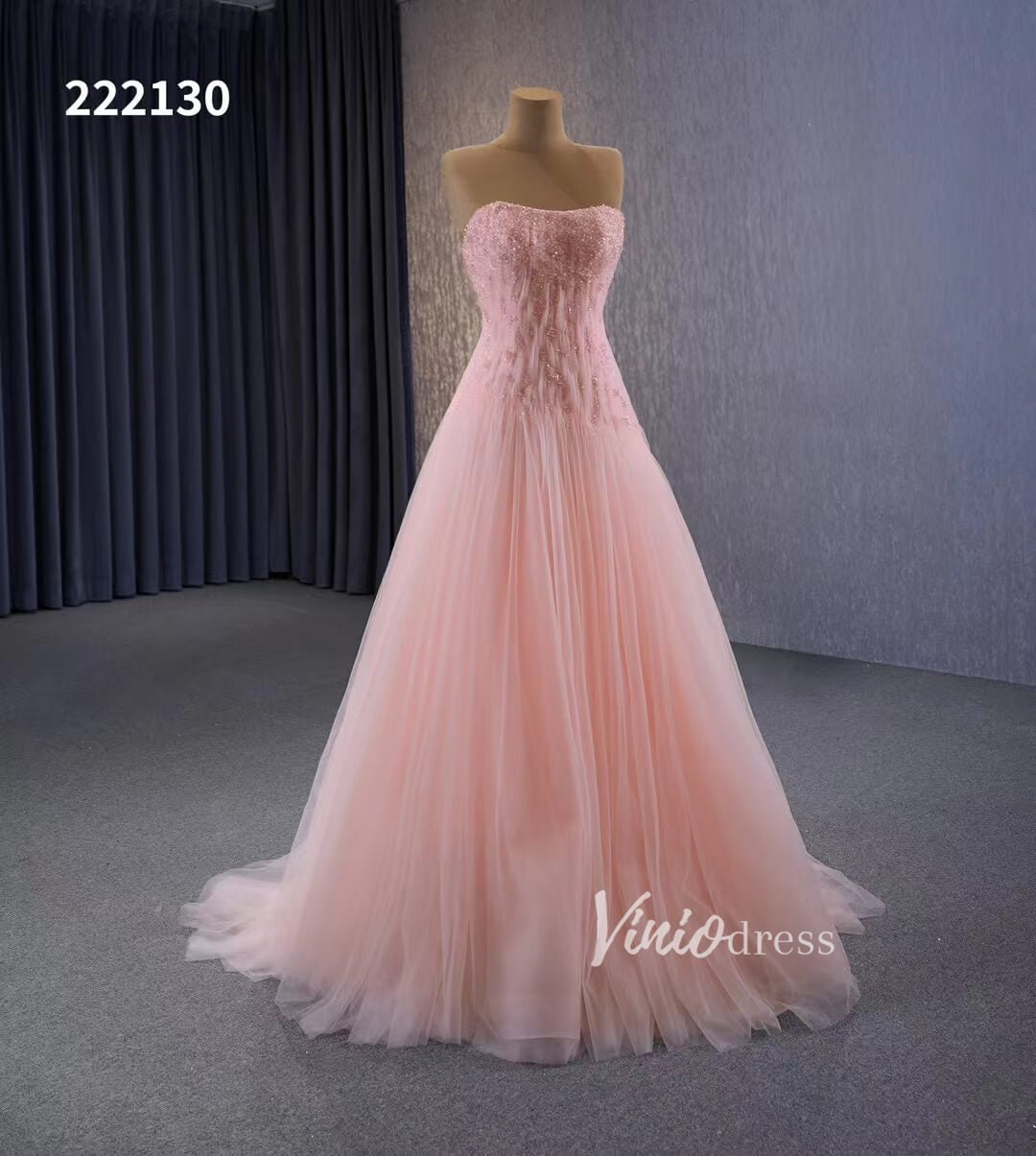 Pink Strapless Prom Dresses Beaded Tulle Formal Dress 222130-prom dresses 2025 -Viniodress-Pink-Custom Size-