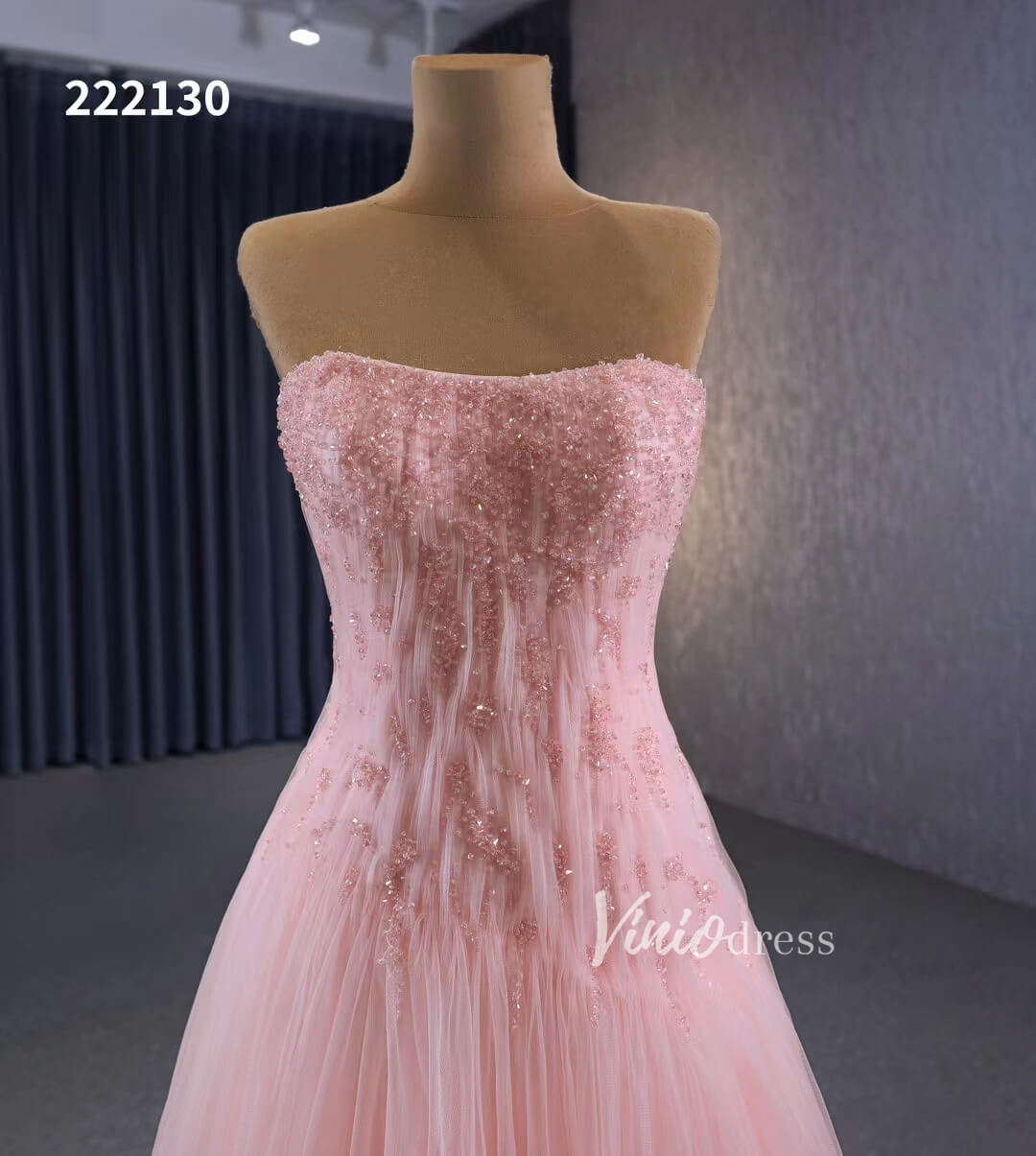 Pink Strapless Prom Dresses Beaded Tulle Formal Dress 222130-prom dresses 2025 -Viniodress-Pink-Custom Size-