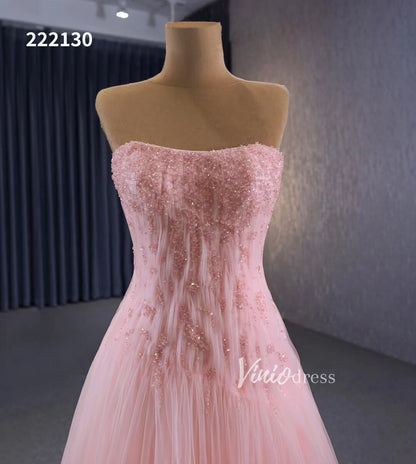 Pink Strapless Prom Dresses Beaded Tulle Formal Dress 222130-prom dresses 2025 -Viniodress-Pink-Custom Size-