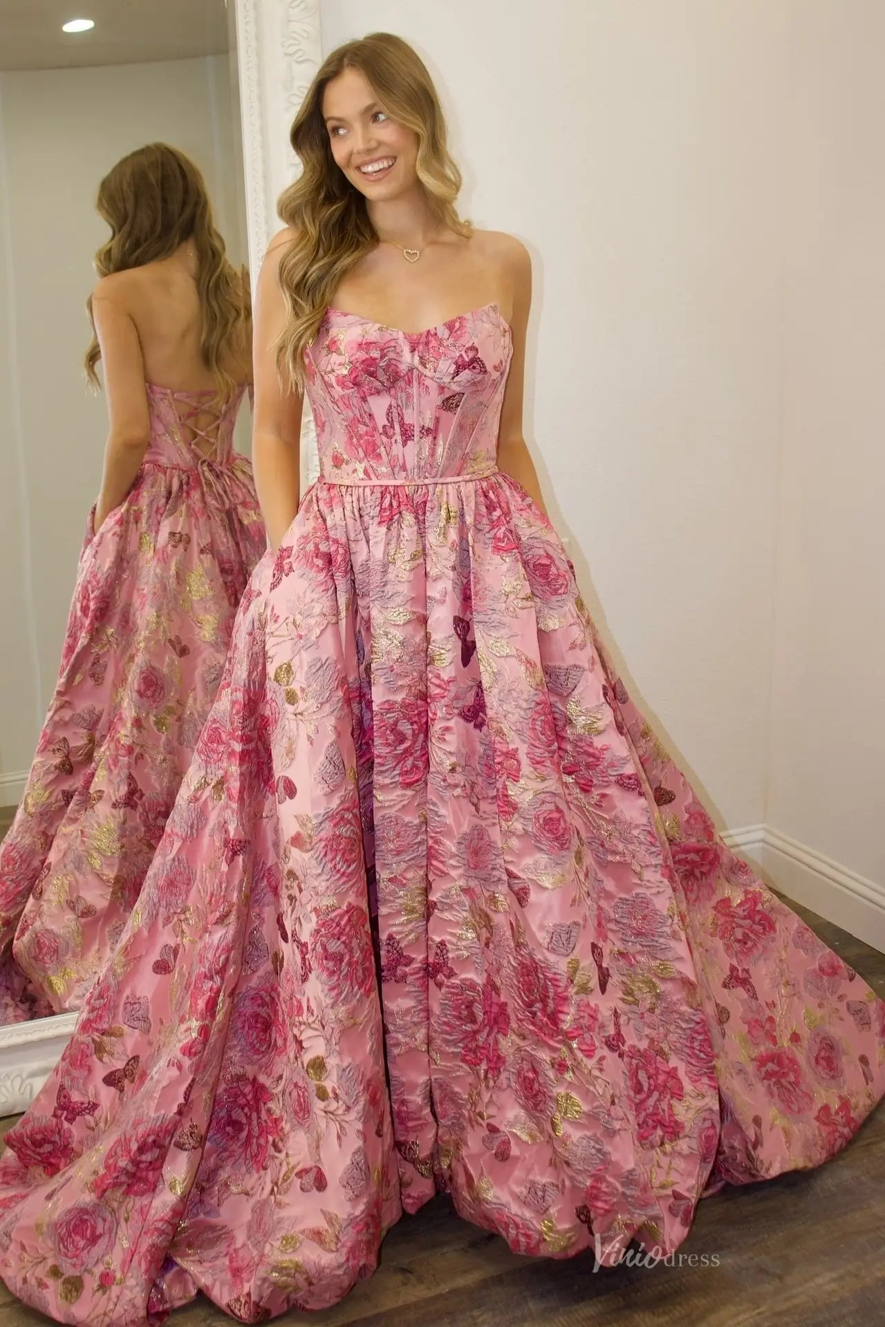 Pink Strapless Rose Jacquard Prom Ball Gown with Bubble Skirt – JC013-prom dresses 2026-Viniodress-Dusty Rose-Custom Size-