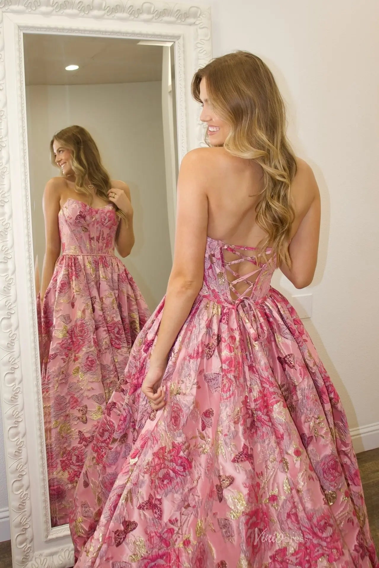 Pink Strapless Rose Jacquard Prom Ball Gown with Bubble Skirt – JC013-prom dresses 2026-Viniodress-Dusty Rose-Custom Size-