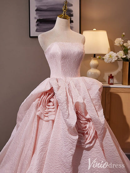 Pink Strapless Rosette Prom Ball Gown Jacquard Satin Quinceanera Dress AD1314-Quinceanera Dresses 2025 -Viniodress-Pink-Custom Size-