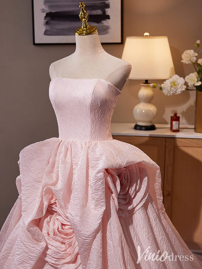 Pink Strapless Rosette Prom Ball Gown Jacquard Satin Quinceanera Dress AD1314-Quinceanera Dresses 2025 -Viniodress-Pink-Custom Size-