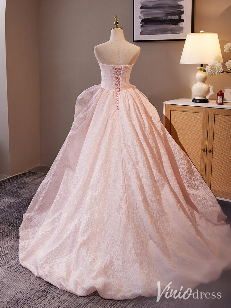 Pink Strapless Rosette Prom Ball Gown Jacquard Satin Quinceanera Dress AD1314-Quinceanera Dresses-Viniodress-Viniodress