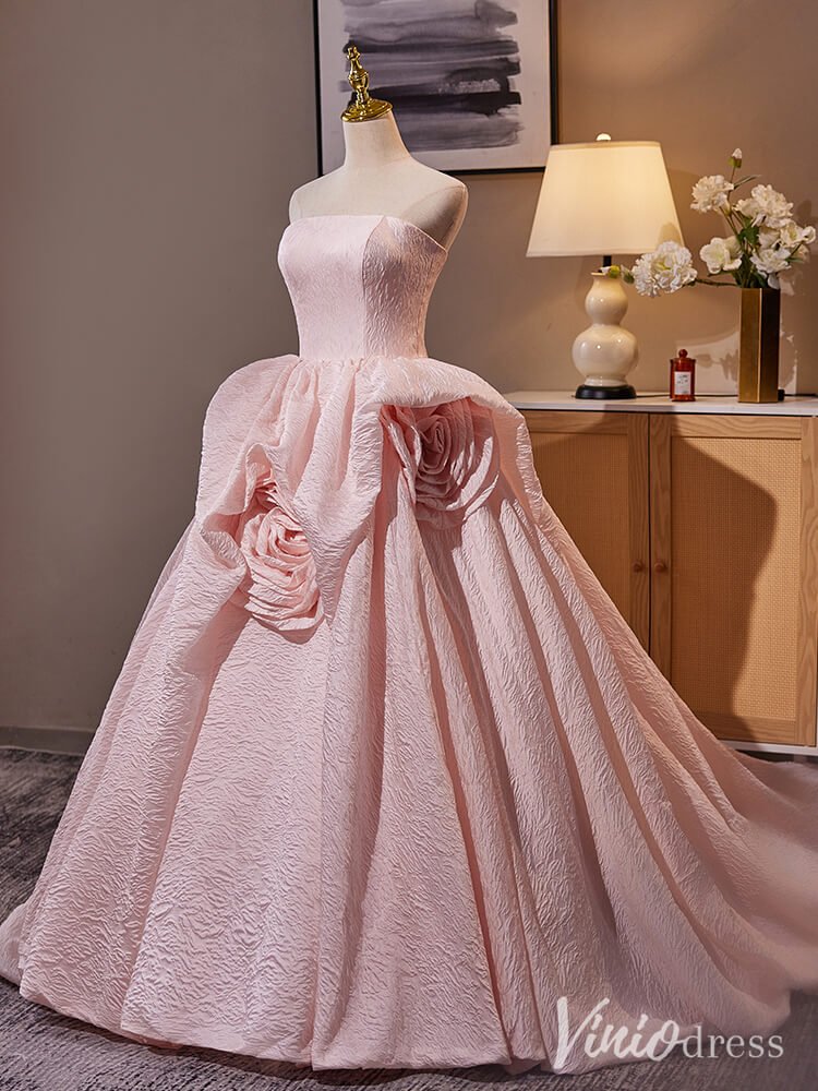 Pink Strapless Rosette Prom Ball Gown Jacquard Satin Quinceanera Dress AD1314 - ViniodressQuinceanera DressesPinkCustom Size - Formal Dresses - Ball Gowns