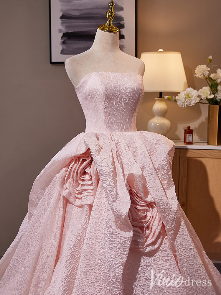 Pink Strapless Rosette Prom Ball Gown Jacquard Satin Quinceanera Dress AD1314-Quinceanera Dresses-Viniodress-Viniodress