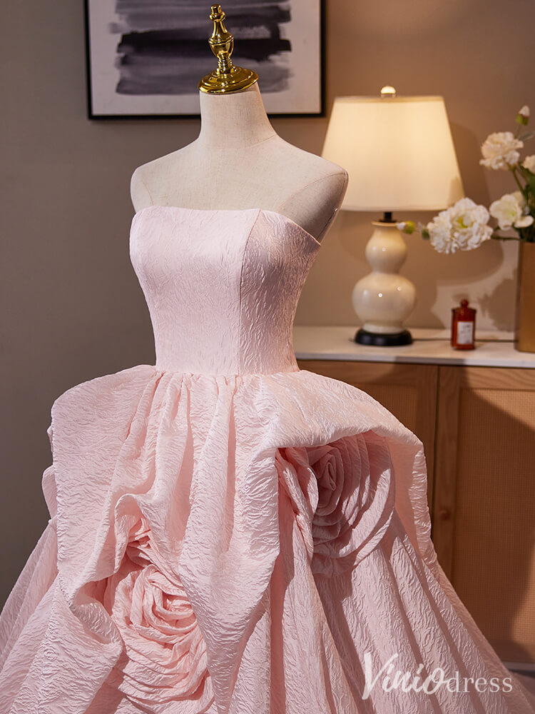 Pink Strapless Rosette Prom Ball Gown Jacquard Satin Quinceanera Dress AD1314-Quinceanera Dresses-Viniodress-Viniodress