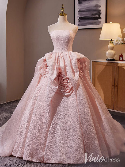 Pink Strapless Rosette Prom Ball Gown Jacquard Satin Quinceanera Dress AD1314 - ViniodressQuinceanera DressesPinkCustom Size - Formal Dresses - Ball Gowns