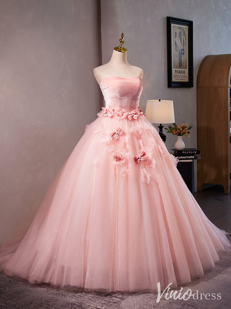 Pink Strapless Rosette Prom Ball Gown Velvet Bow-Tie Quinceanera Dress AD1316-Quinceanera Dresses-Viniodress-Viniodress