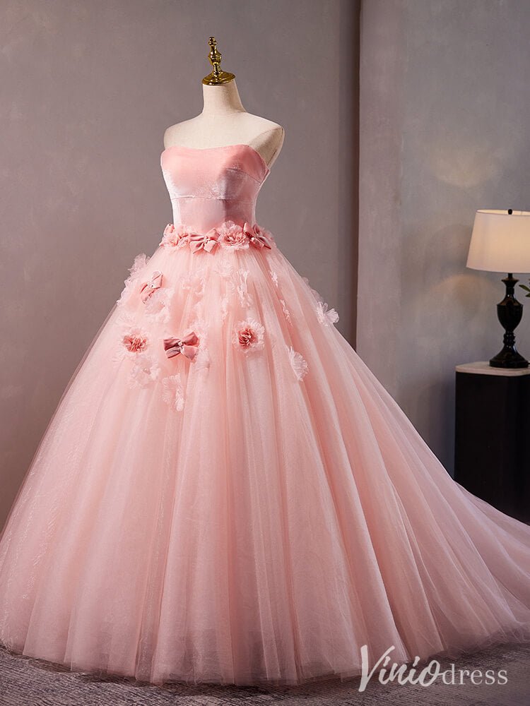 Pink Strapless Rosette Prom Ball Gown Velvet Bow - Tie Quinceanera Dress AD1316 - ViniodressQuinceanera DressesPinkCustom Size - Formal Dresses - Ball Gowns