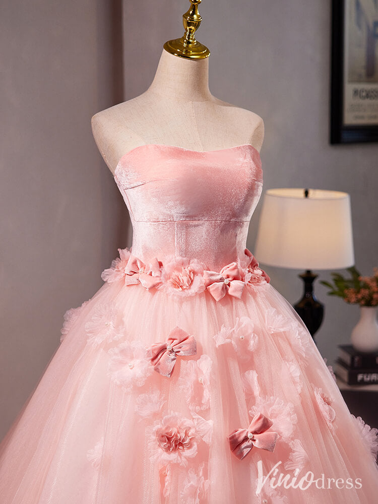 Pink Strapless Rosette Prom Ball Gown Velvet Bow-Tie Quinceanera Dress AD1316-Quinceanera Dresses-Viniodress-Viniodress