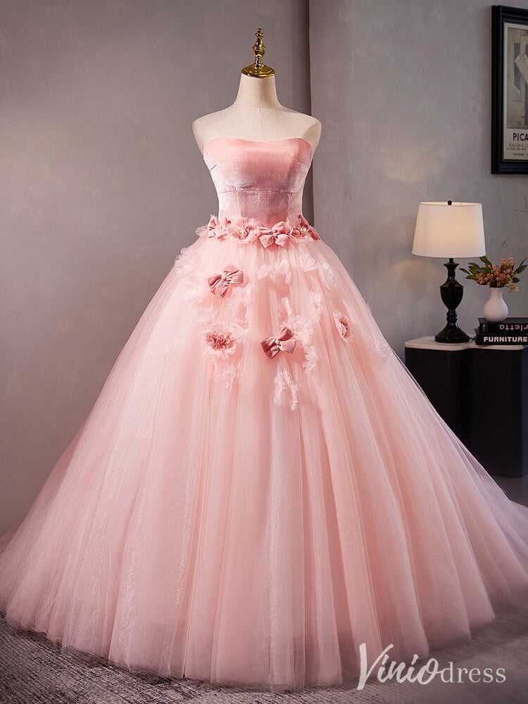 Pink Strapless Rosette Prom Ball Gown Velvet Bow-Tie Quinceanera Dress AD1316-Quinceanera Dresses-Viniodress-Viniodress