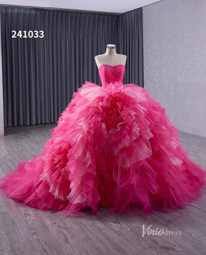 Pink Strapless Ruffled Wedding Dresses Removable Overskirt Quinceanera Dress 241033-Quinceanera Dresses 2025 -Viniodress-Pink-Custom Size-