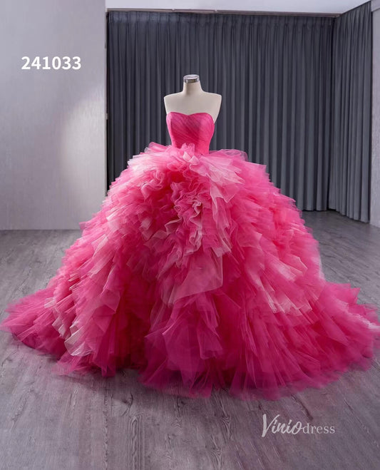 Pink Strapless Ruffled Wedding Dresses Removable Overskirt Quinceanera Dress 241033 - ViniodressQuinceanera DressesPinkCustom Size - Formal Dresses - Ball Gowns