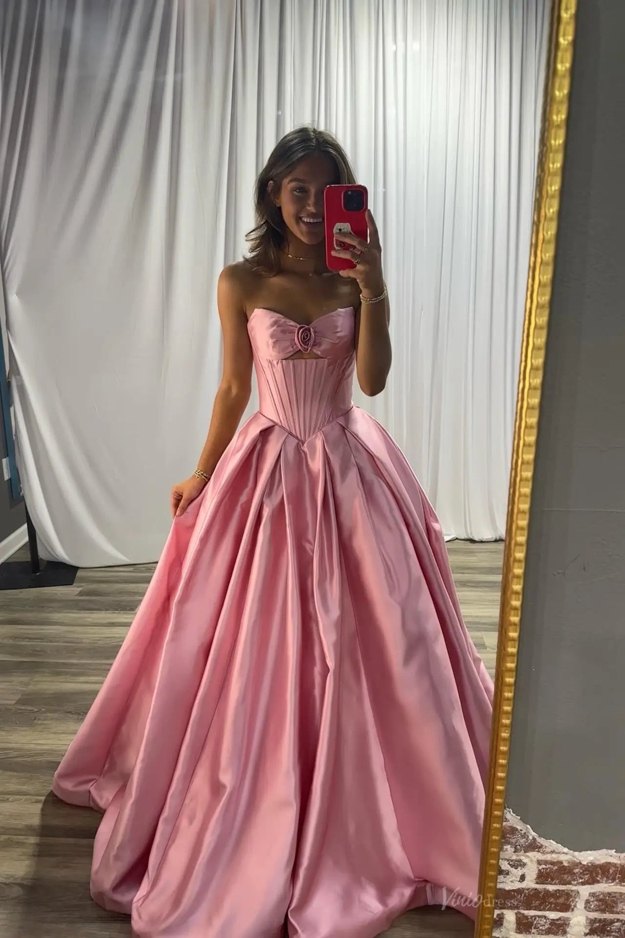 Pink Ball Gown Prom Dress with Rosette Bow & Basque Waist AS060 Viniodress Pink Ball Gown Prom Dress with Rosette Bow & Basque Waist AS060 Viniodress