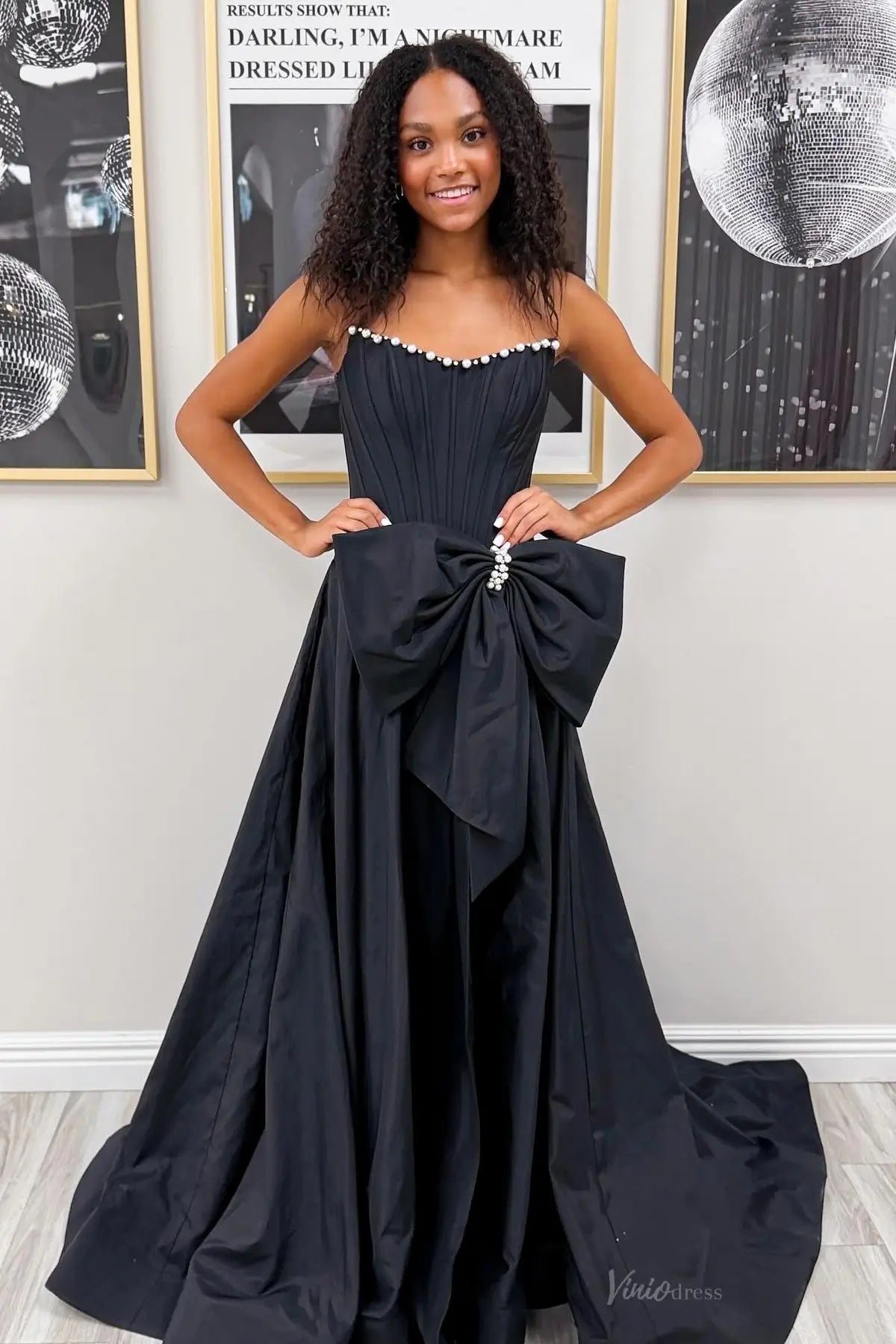 Pink Strapless Satin Bow Prom Dress with Pearl Trim & High Slit – AS087-prom dresses 2026-Viniodress-Pink-Custom Size-