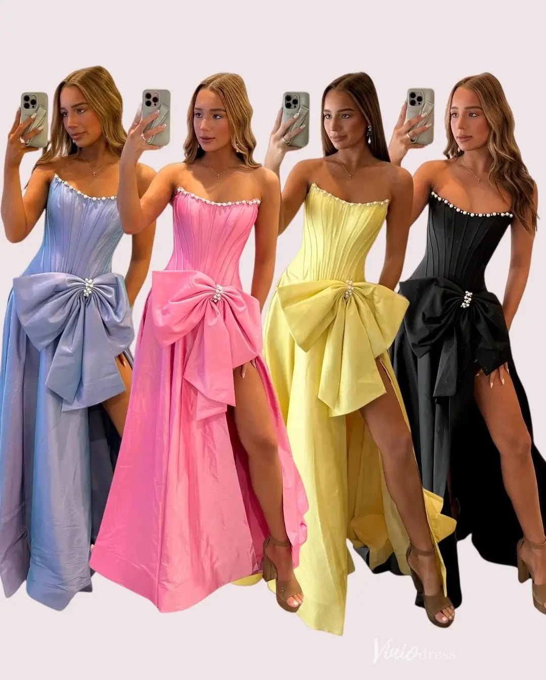 Pink Strapless Satin Bow Prom Dress with Pearl Trim & High Slit – AS087-prom dresses 2026-Viniodress-Pink-Custom Size – Add Measurements in Cart-
