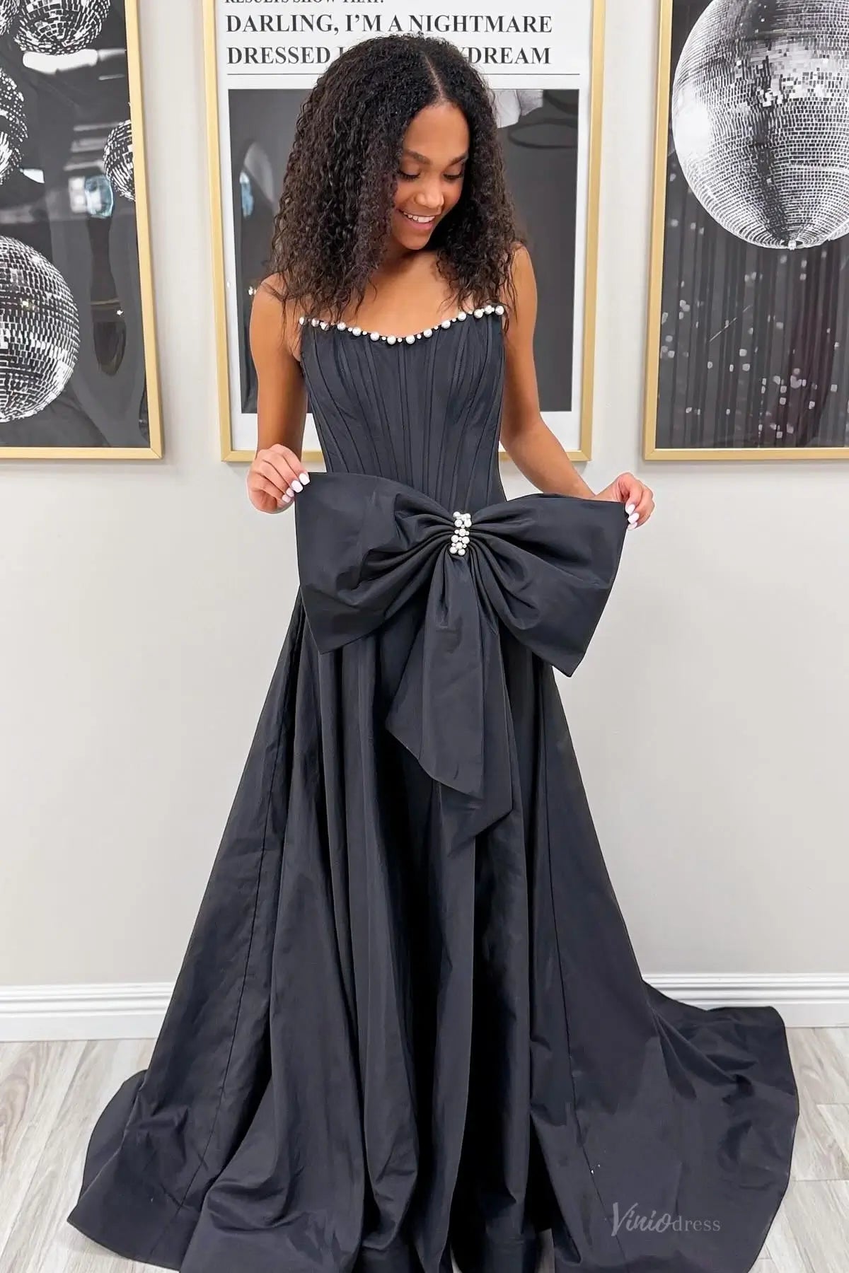 Pink Strapless Satin Bow Prom Dress with Pearl Trim & Slit AS087 Viniodress Pink Strapless Satin Bow Prom Dress with Pearl Trim & Slit AS087 Viniodress
