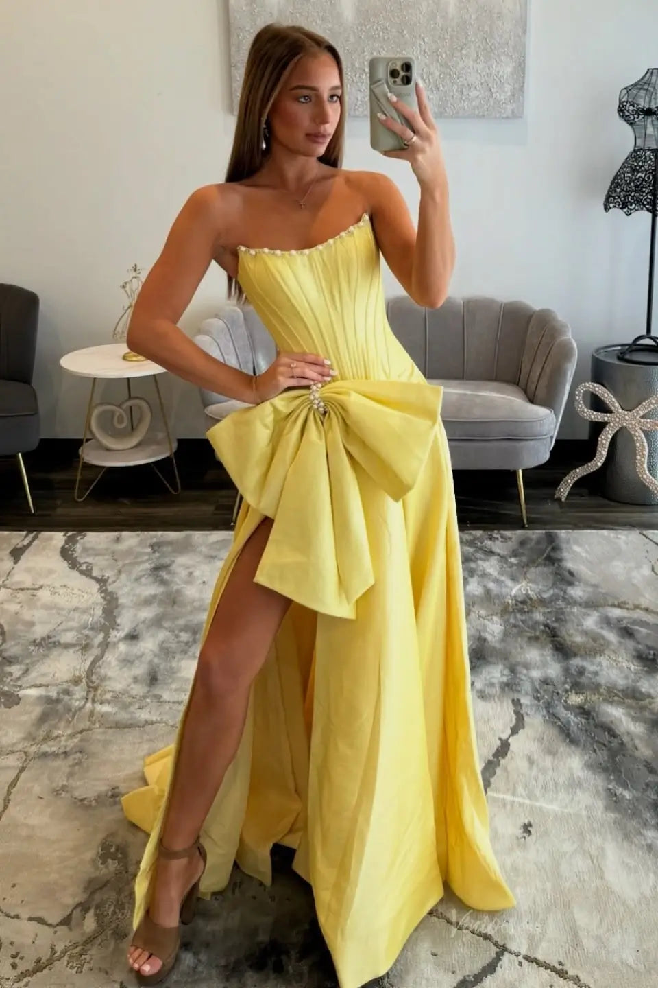 Pink Strapless Satin Bow Prom Dress with Pearl Trim & High Slit – AS087-prom dresses 2026-Viniodress-Pink-Custom Size – Add Measurements in Cart-