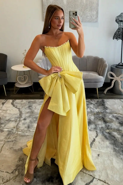 Pink Strapless Satin Bow Prom Dress with Pearl Trim & High Slit – AS087-prom dresses 2026-Viniodress-Pink-Custom Size – Add Measurements in Cart-