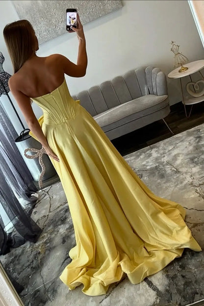 Pink Strapless Satin Bow Prom Dress with Pearl Trim & High Slit – AS087-prom dresses 2026-Viniodress-Pink-Custom Size – Add Measurements in Cart-