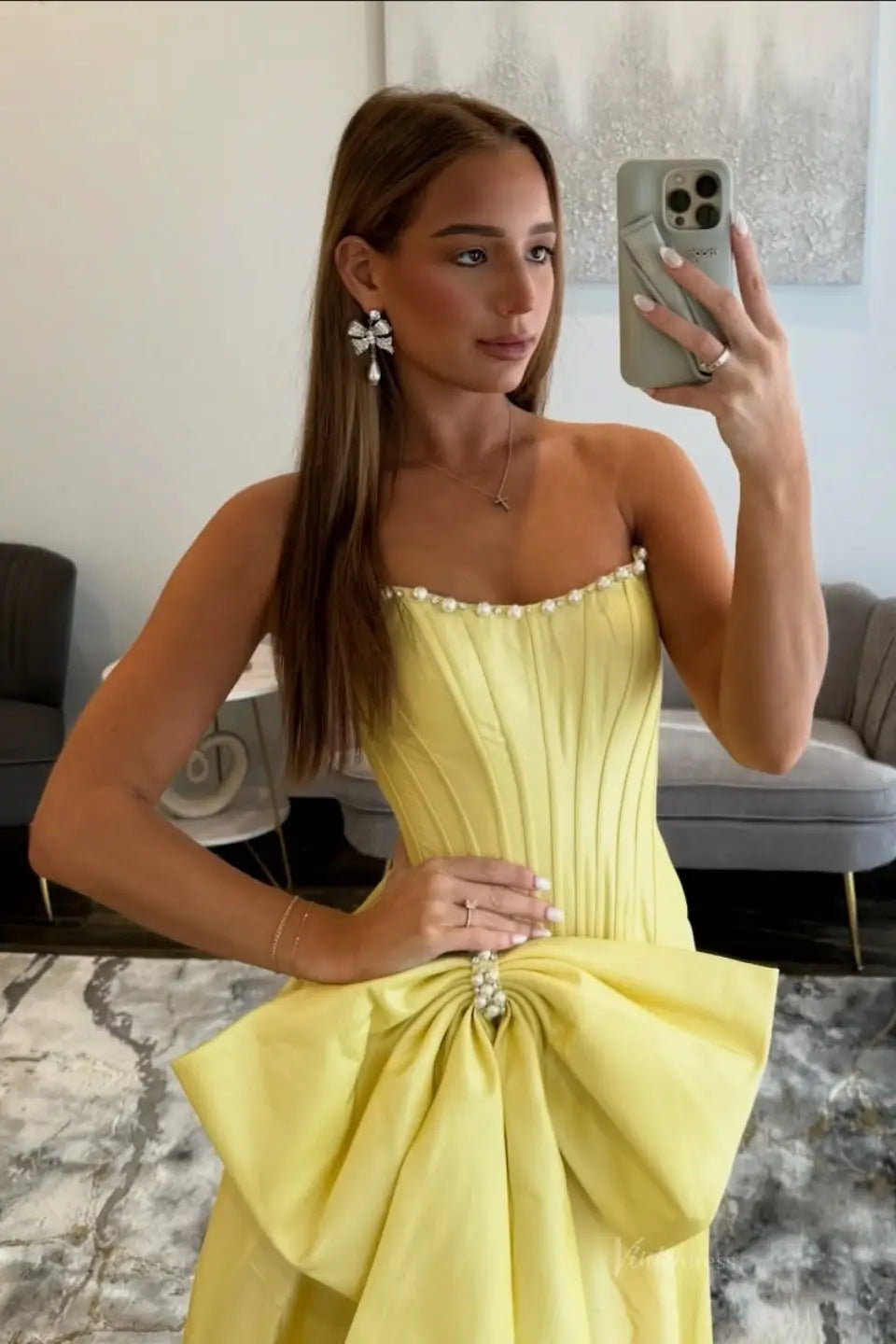 Pink Strapless Satin Bow Prom Dress with Pearl Trim & High Slit – AS087-prom dresses 2026-Viniodress-Pink-Custom Size – Add Measurements in Cart-