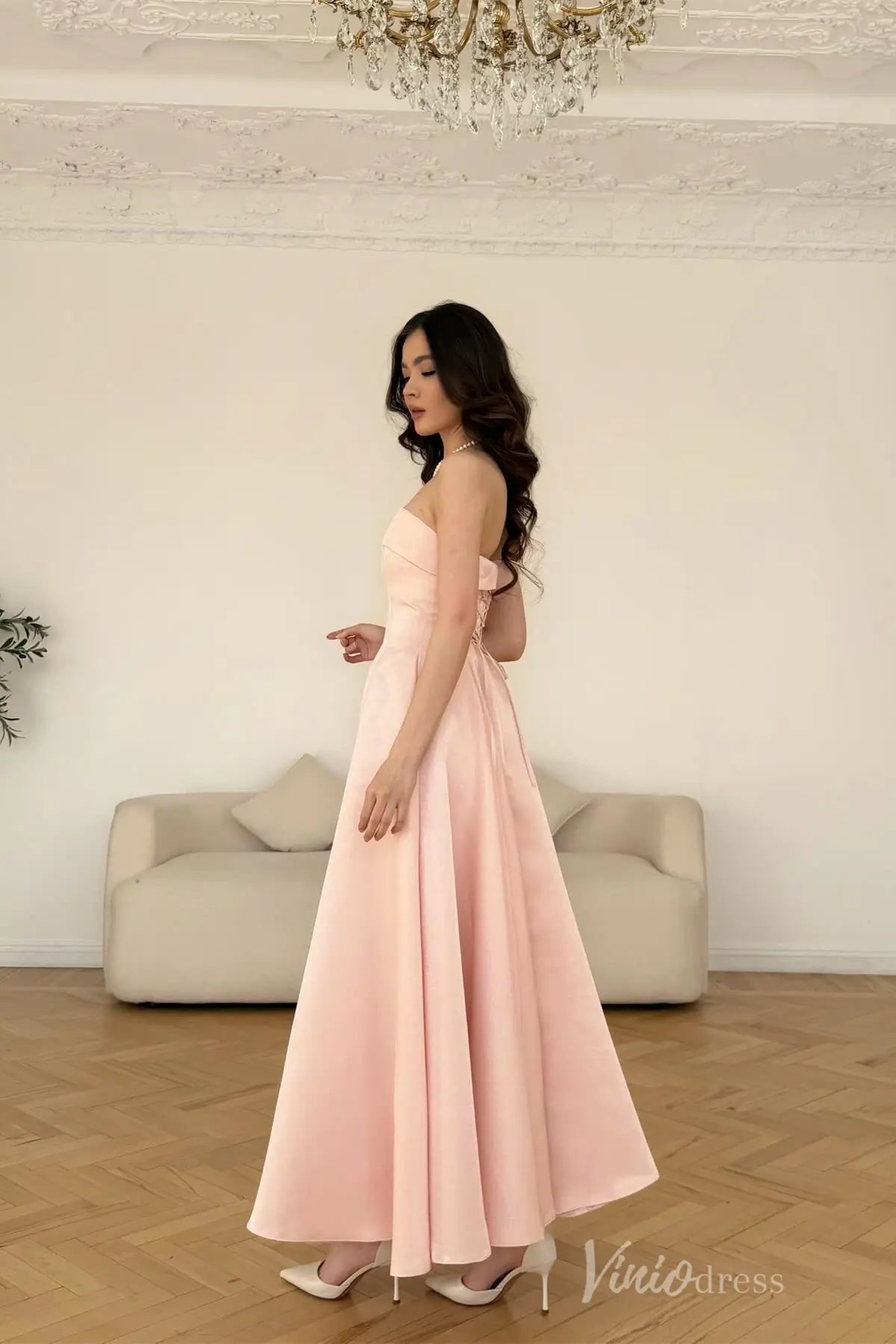 Pink Strapless Satin Formal Dress with Corset Bodice, A-Line Skirt, Mid-Length Hem – AS020-prom dresses 2025 -Viniodress-Pink-Custom Size-