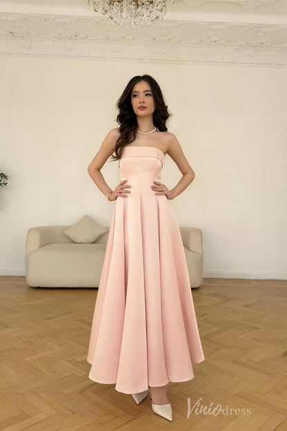 Pink Strapless Satin Formal Dress with Corset Bodice, A-Line Skirt, Mid-Length Hem – AS020-prom dresses 2025 -Viniodress-Pink-Custom Size-