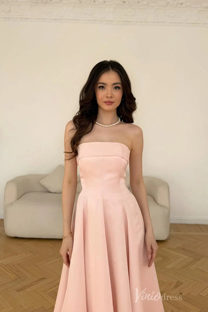 Pink Strapless Satin Formal Dress with Corset Bodice, A-Line Skirt, Mid-Length Hem – AS020-prom dresses 2025 -Viniodress-Pink-Custom Size-