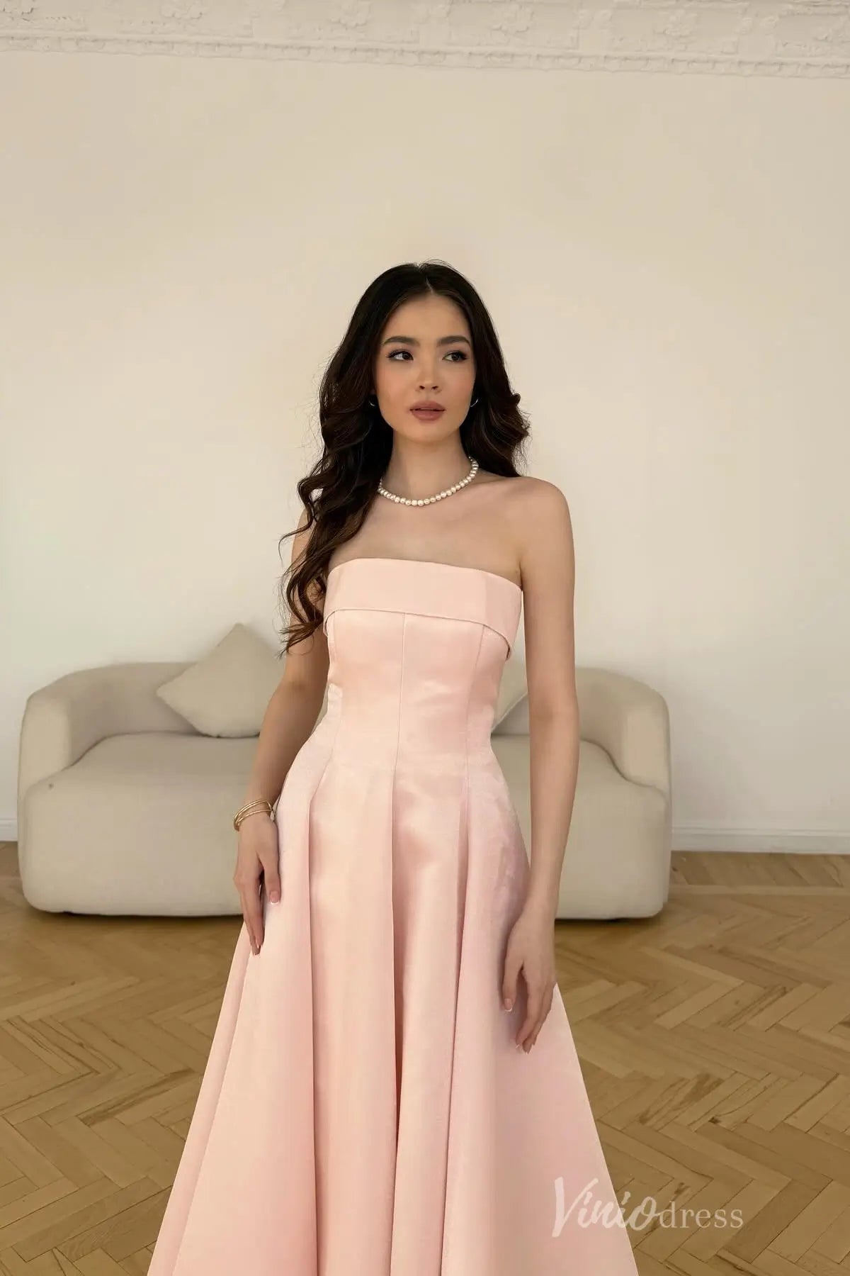 Pink Strapless Satin Formal Dress with Corset Bodice, A-Line Skirt, Mid-Length Hem – AS020-prom dresses 2025 -Viniodress-Pink-Custom Size-