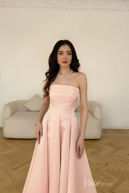 Pink Strapless Satin Formal Dress with Corset Bodice, A-Line Skirt, Mid-Length Hem – AS020-prom dresses 2025 -Viniodress-Pink-Custom Size-