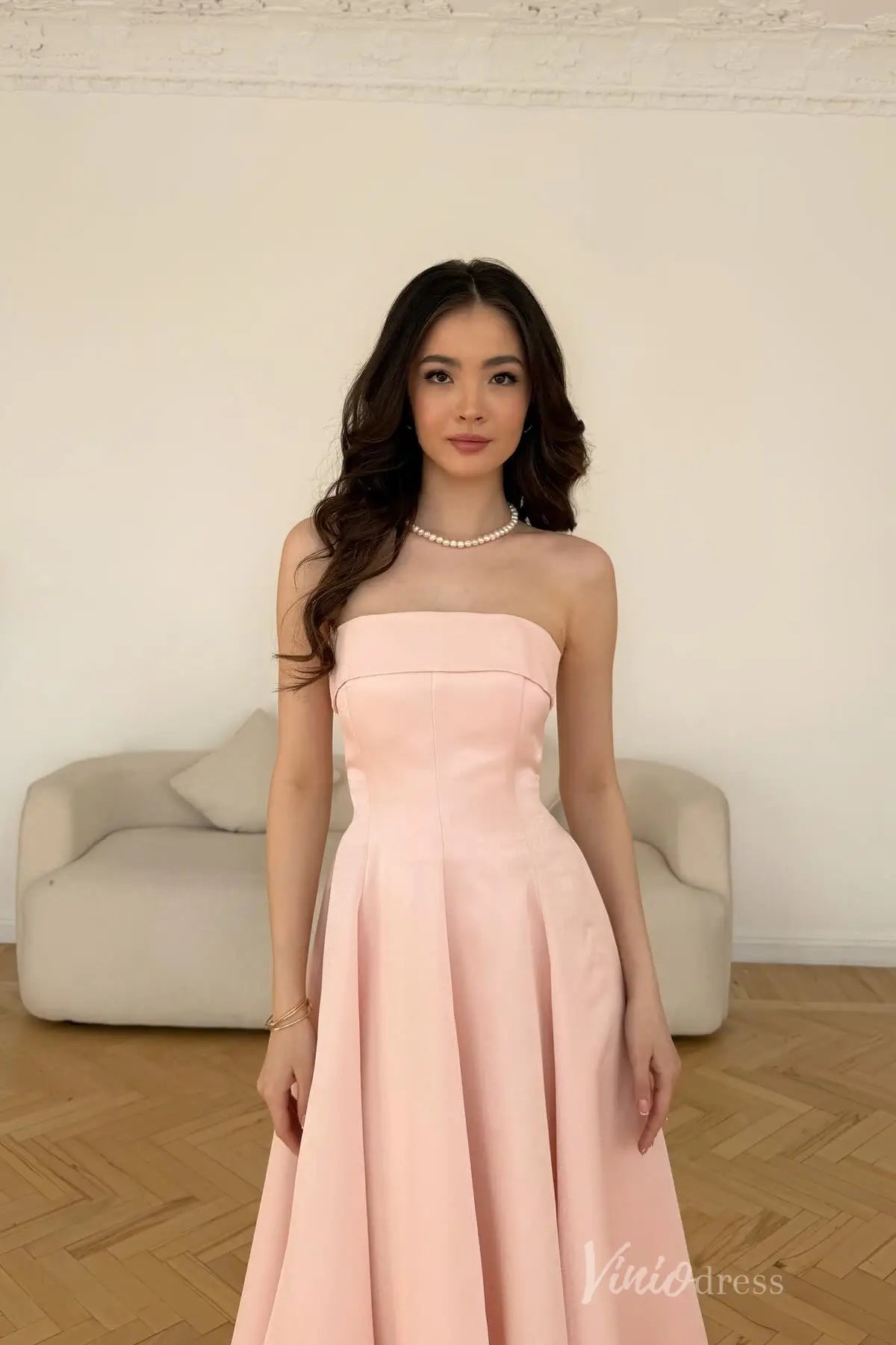 pink mid length dress Pink Strapless Satin Formal Dress with Corset Bodice and A-Line Skirt –  AS020 – Viniodress