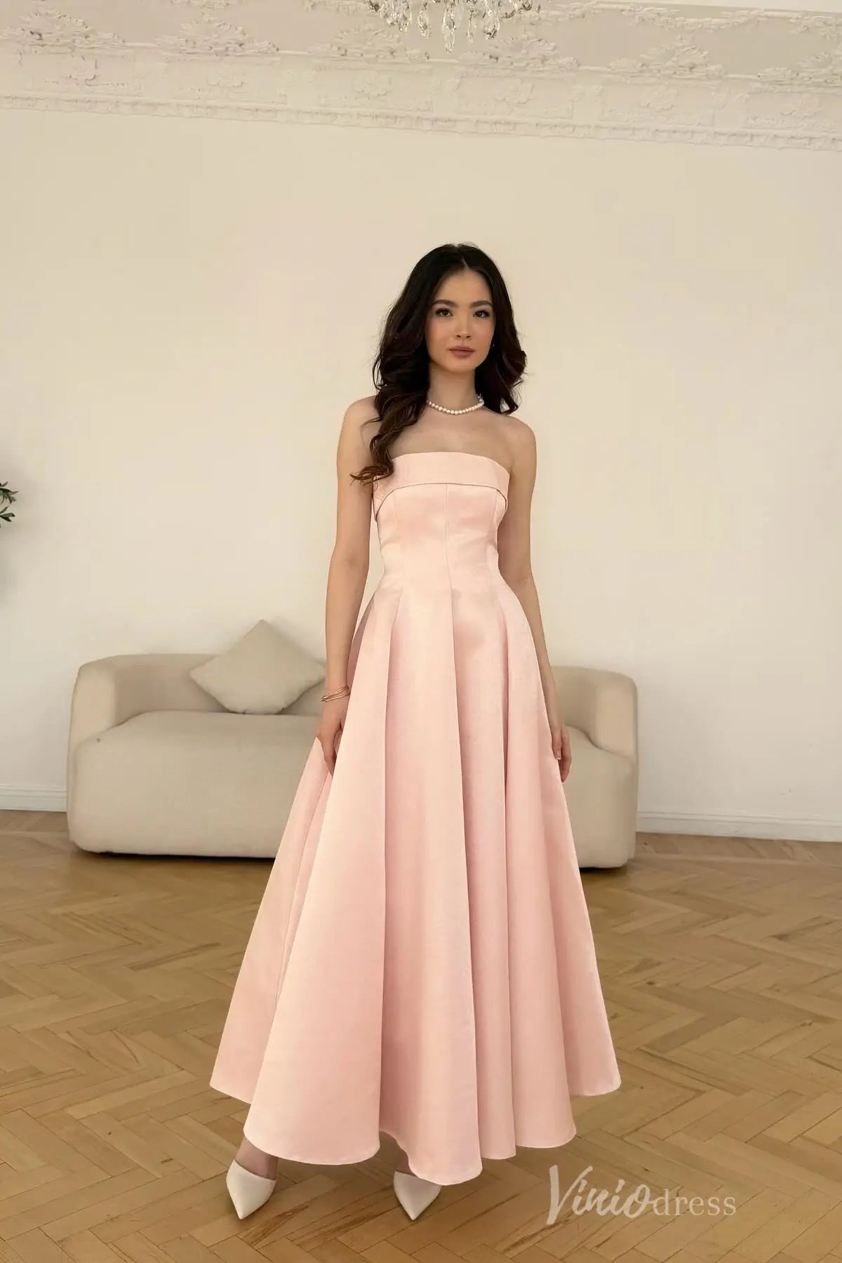 Pink Strapless Satin Formal Dress with Corset Bodice, A-Line Skirt, Mid-Length Hem – AS020-prom dresses 2025 -Viniodress-Pink-Custom Size-