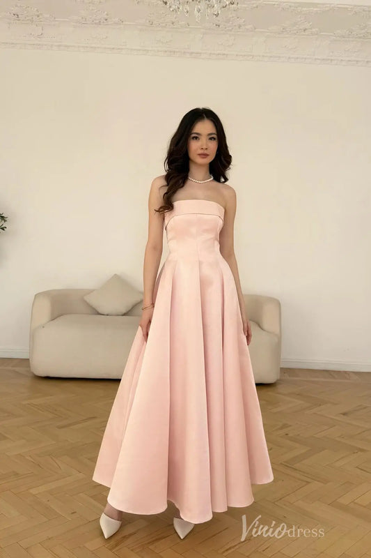 Pink Strapless Satin Formal Dress with Corset Bodice, A-Line Skirt, Mid-Length Hem – AS020-prom dresses 2025 -Viniodress-Pink-Custom Size-