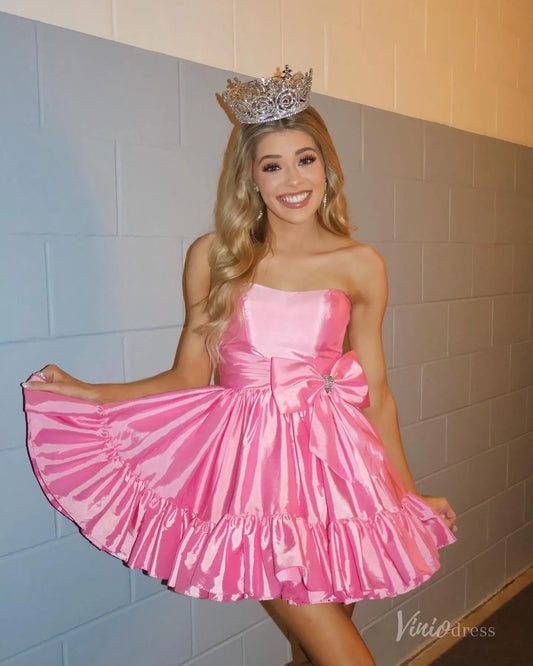 Pink Strapless Satin Homecoming Dress with Oversized Bow and Ruffled Hem – H1142-Homecoming Dresses 2025 -Viniodress-Pink-Custom Size-