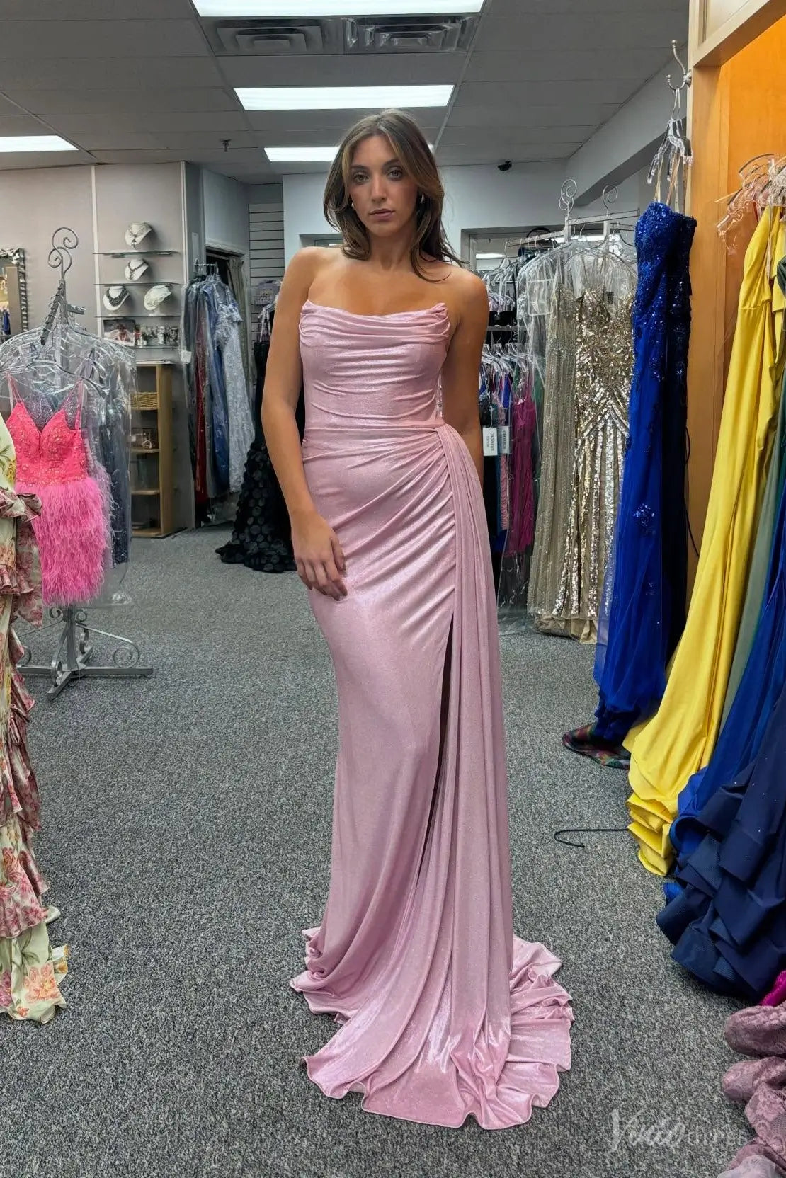 Pink Strapless Satin Mermaid Prom Dress with High Slit, Draped Side Panel & Sweep Train – SS132-Prom Dresses 2026-Viniodress-Pink-Custom Size-