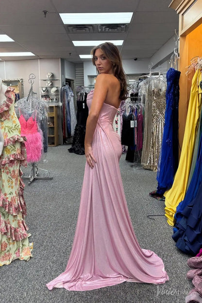 Pink Strapless Satin Mermaid Prom Dress with High Slit, Draped Side Panel & Sweep Train – SS132-Prom Dresses 2026-Viniodress-Pink-Custom Size-