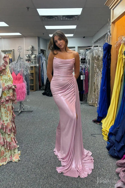 Pink Strapless Satin Mermaid Prom Dress with High Slit, Draped Side Panel & Sweep Train – SS132-Prom Dresses 2026-Viniodress-Pink-Custom Size-