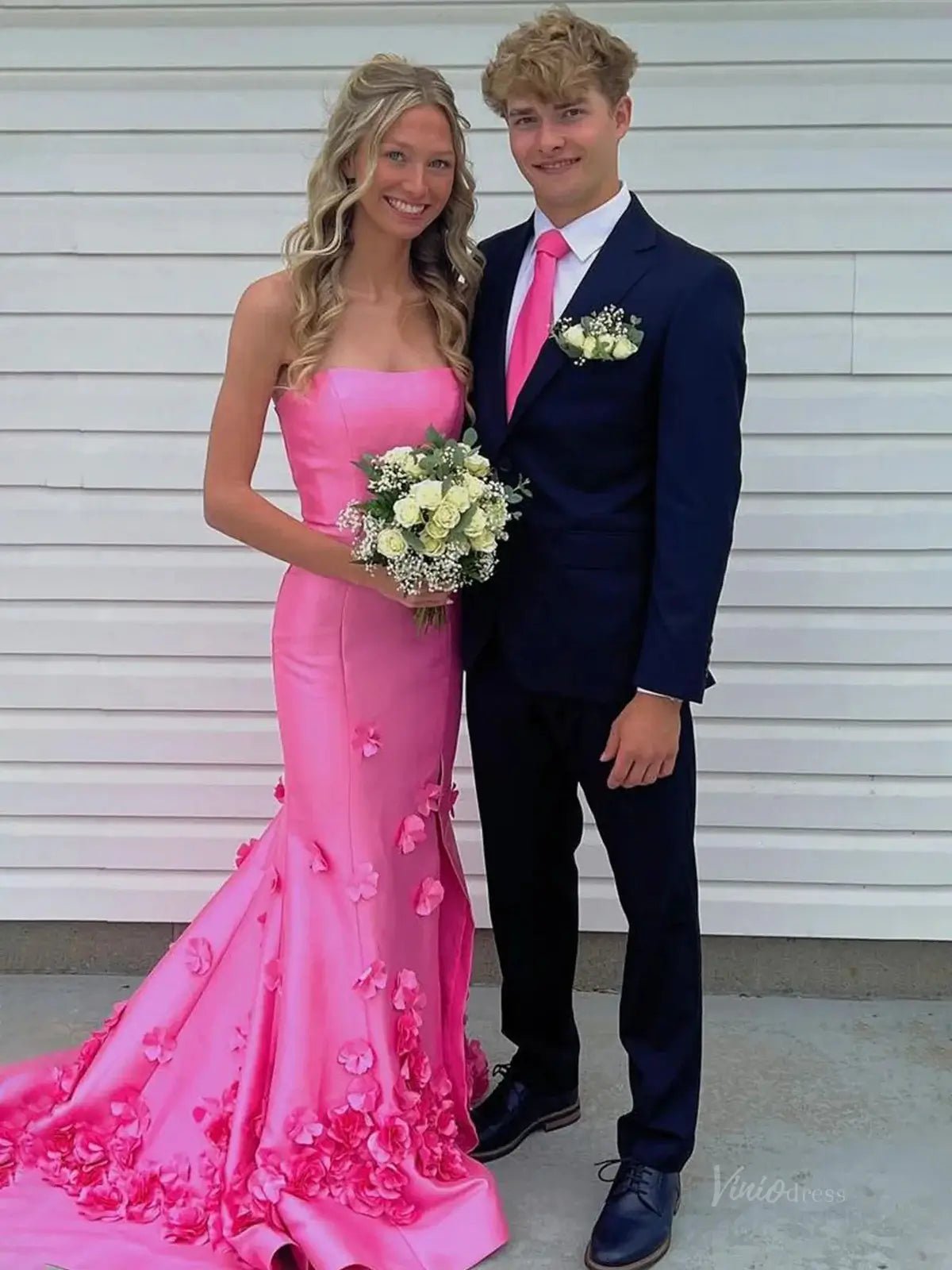 Pink Strapless Satin Mermaid Prom Dresses 2025 with Slit & 3D Flowers – FD5055 - Viniodressprom dressesPinkCustom Size - Formal Dresses - Ball Gowns