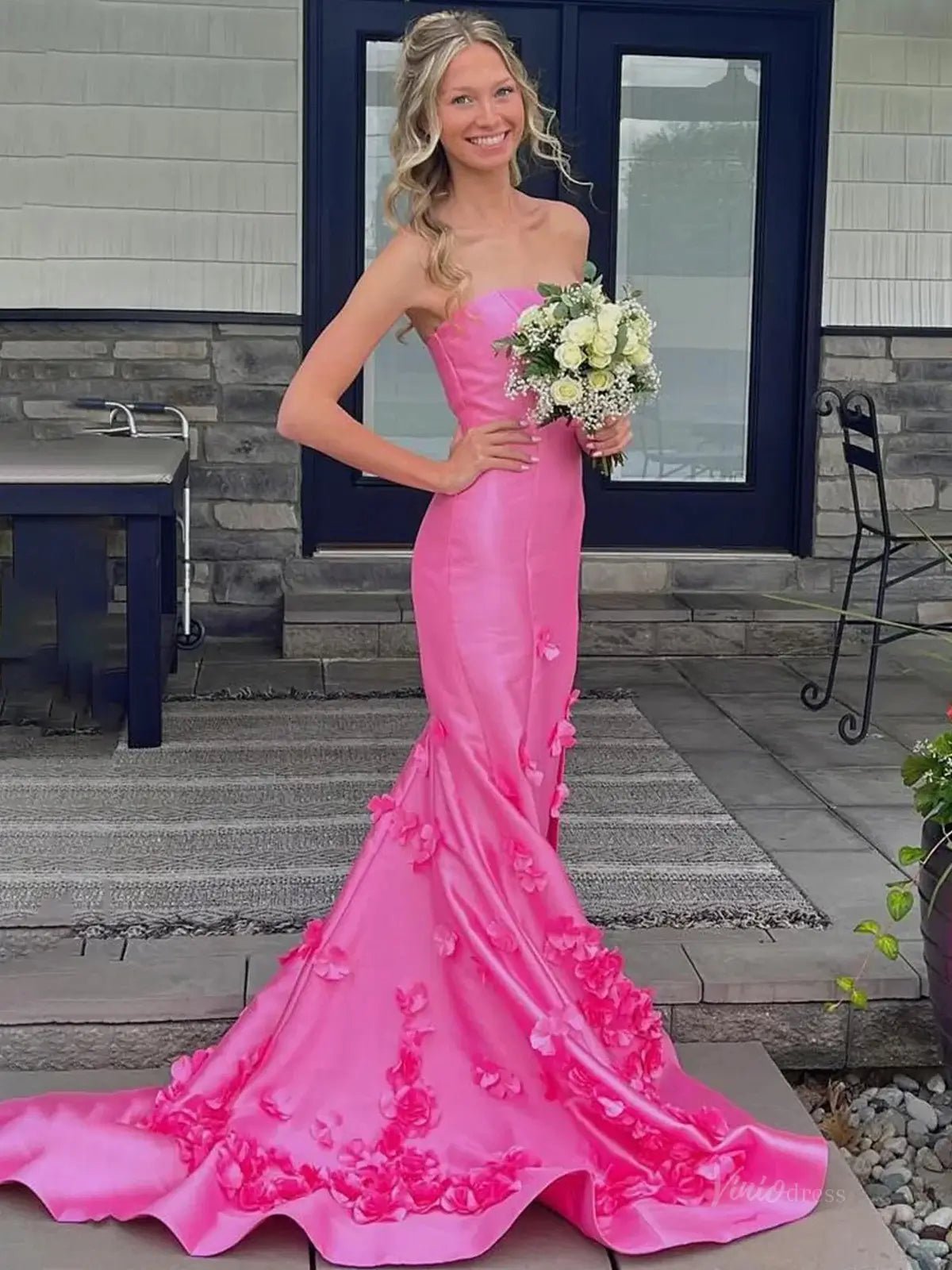 Pink Strapless Satin Mermaid Prom Dresses 2025 with Slit & 3D Flowers – FD5055 - Viniodressprom dressesPinkCustom Size - Formal Dresses - Ball Gowns