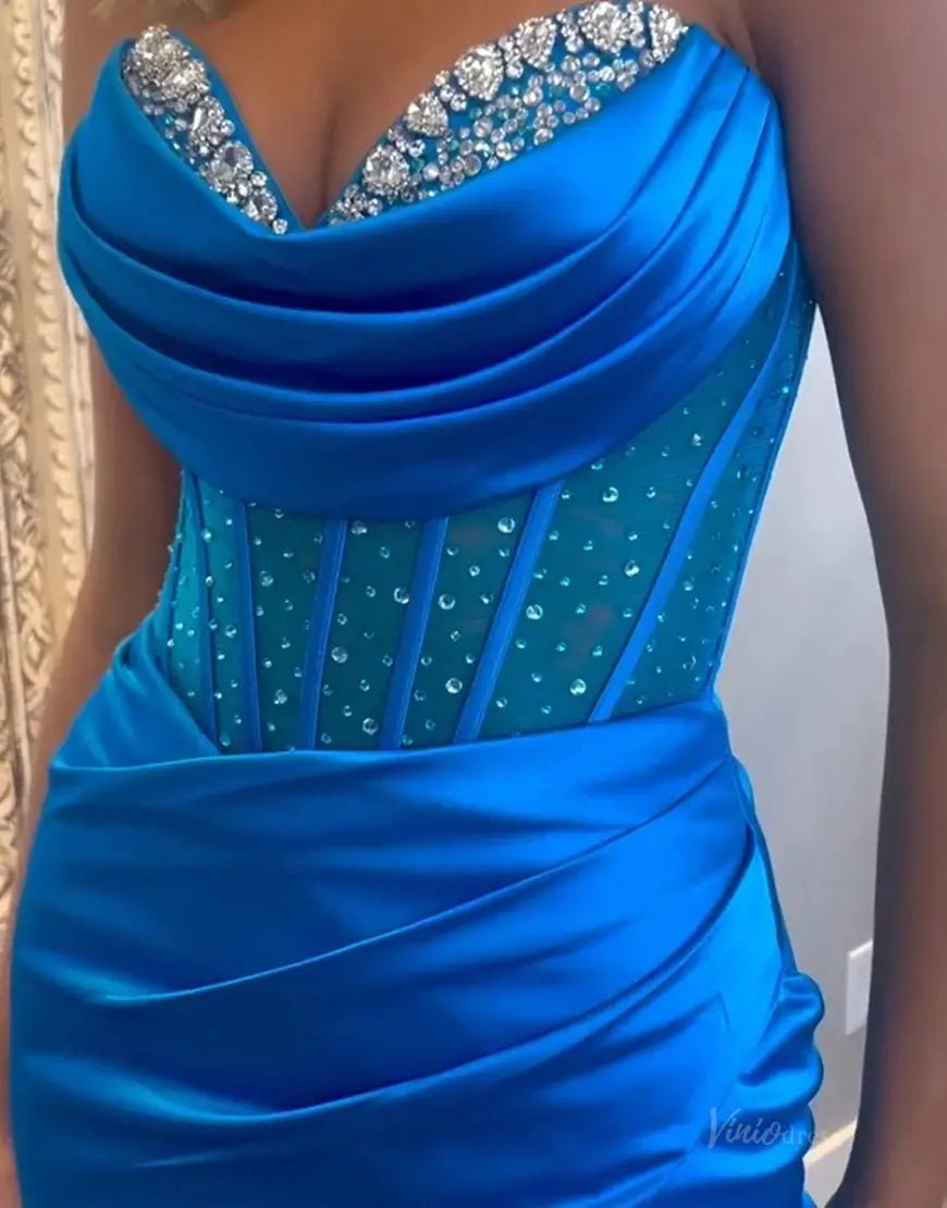 Pink Strapless Satin Mermaid Prom Dresses 2025 with Slit, Beaded Sweetheart Neck & Sheer Boned Bodice – FD5056-prom dresses 2025 -Viniodress-Blue-Custom Size-