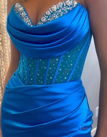 Pink Strapless Satin Mermaid Prom Dresses 2025 with Slit, Beaded Sweetheart Neck & Sheer Boned Bodice – FD5056-prom dresses 2025 -Viniodress-Blue-Custom Size-