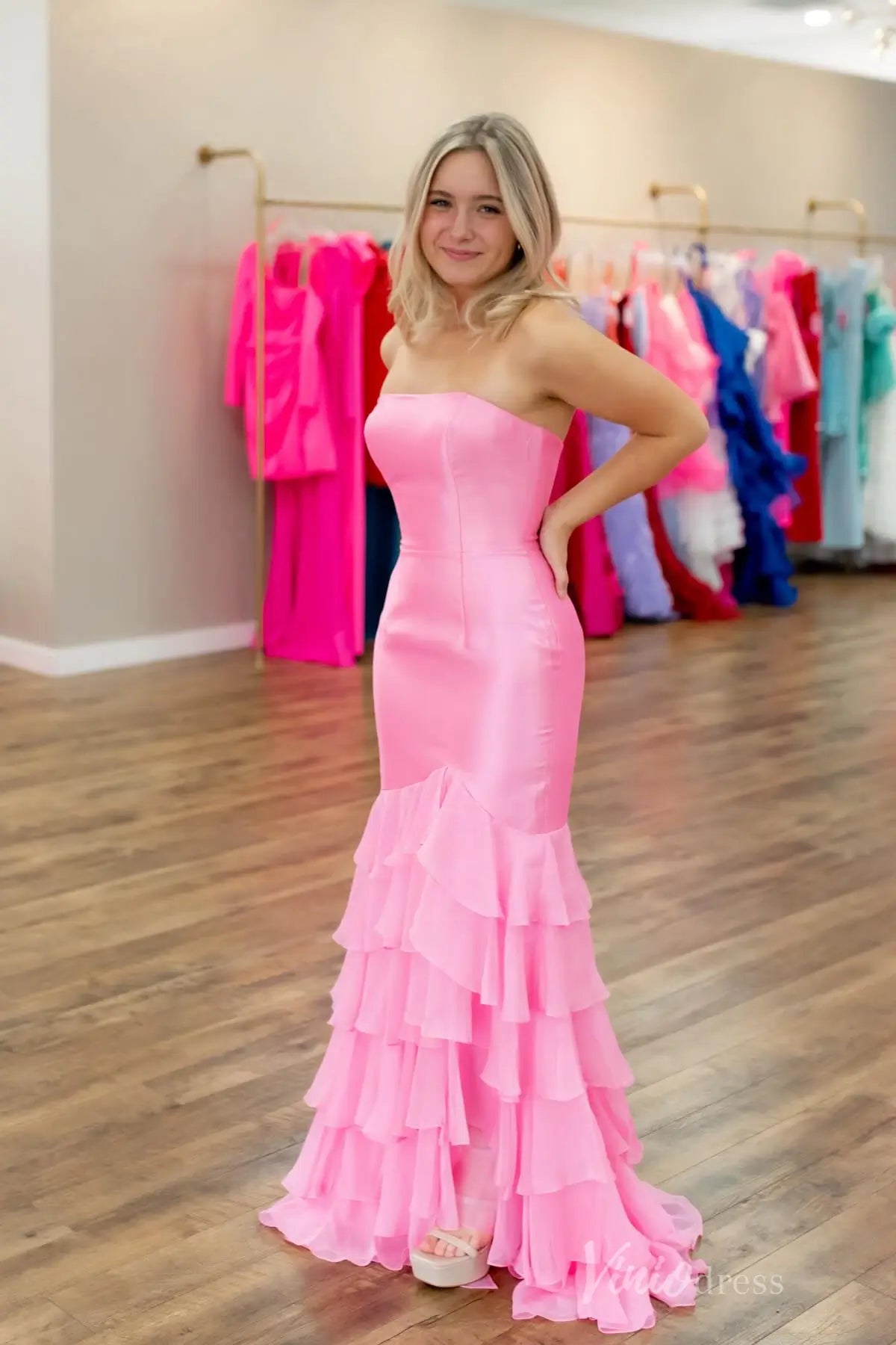 Pink Strapless Satin Prom Dress with Ruffled Tulle Mermaid Skirt – SS082-Homecoming Dresses 2025 -Viniodress-Pink-Custom Size-